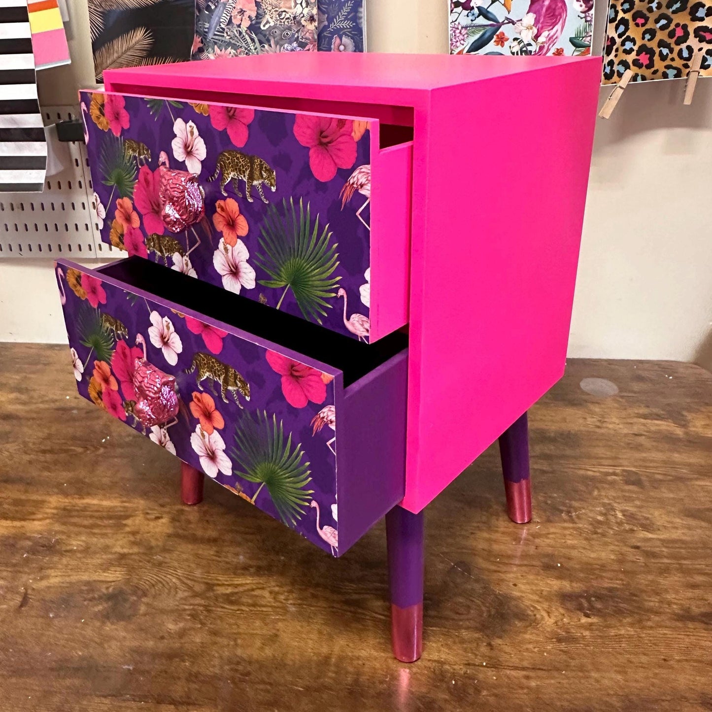 Hot Pink and purple square bedside table, two drawers, ideal nightstand. Flamingo leopard and tropical leaf design. Customisable end table