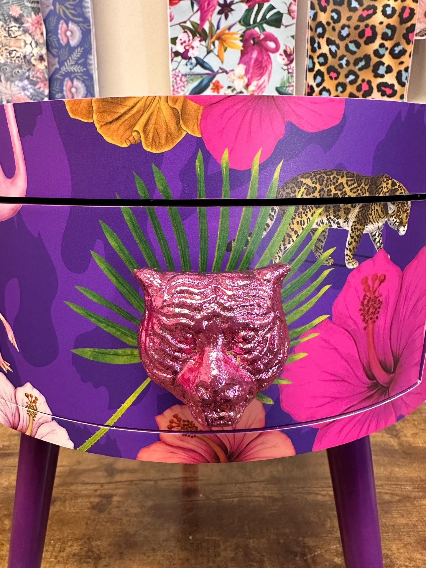 Flocking Fab - Purple,  Wooden side table with drawer. Hot pink and purple animal print design. Nightstand or bedside table