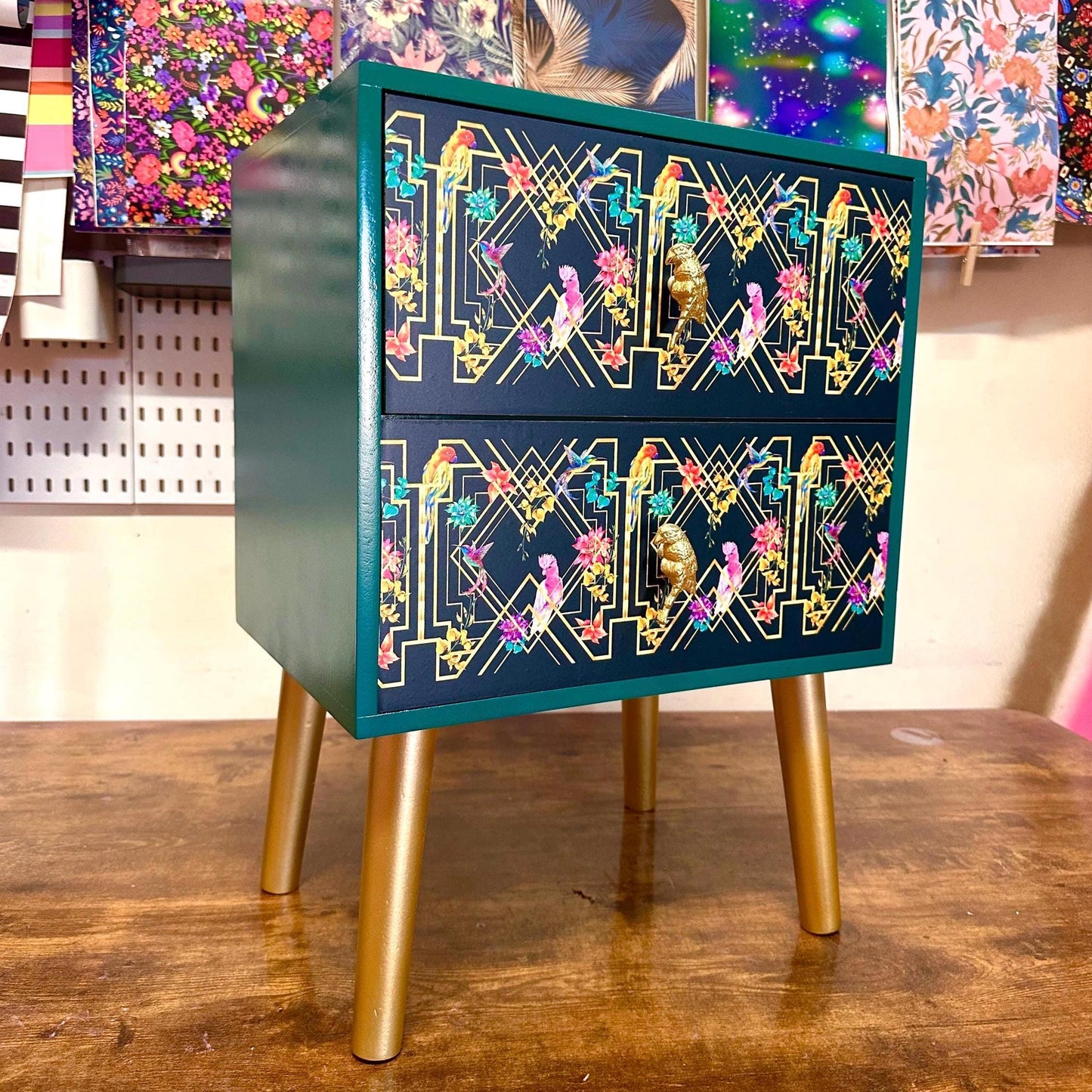 Emerald green, gold tropical art deco square nightstand. Parrot, floral colourful two drawer bedside table. Customisable end table