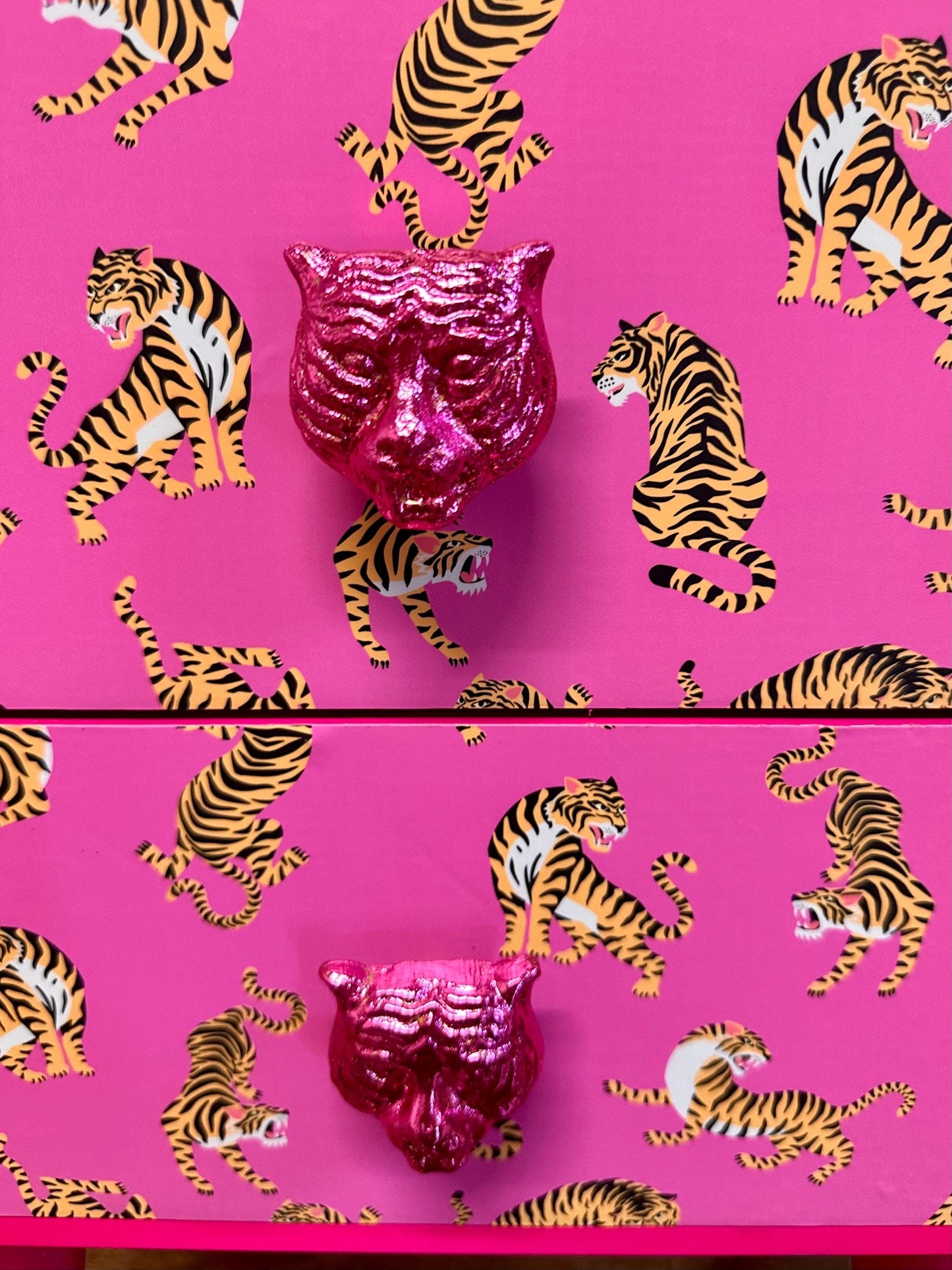 Hot Pink Tiger square bedside table, two drawers, ideal nightstand. Hot Magenta pink with silver. Customisable