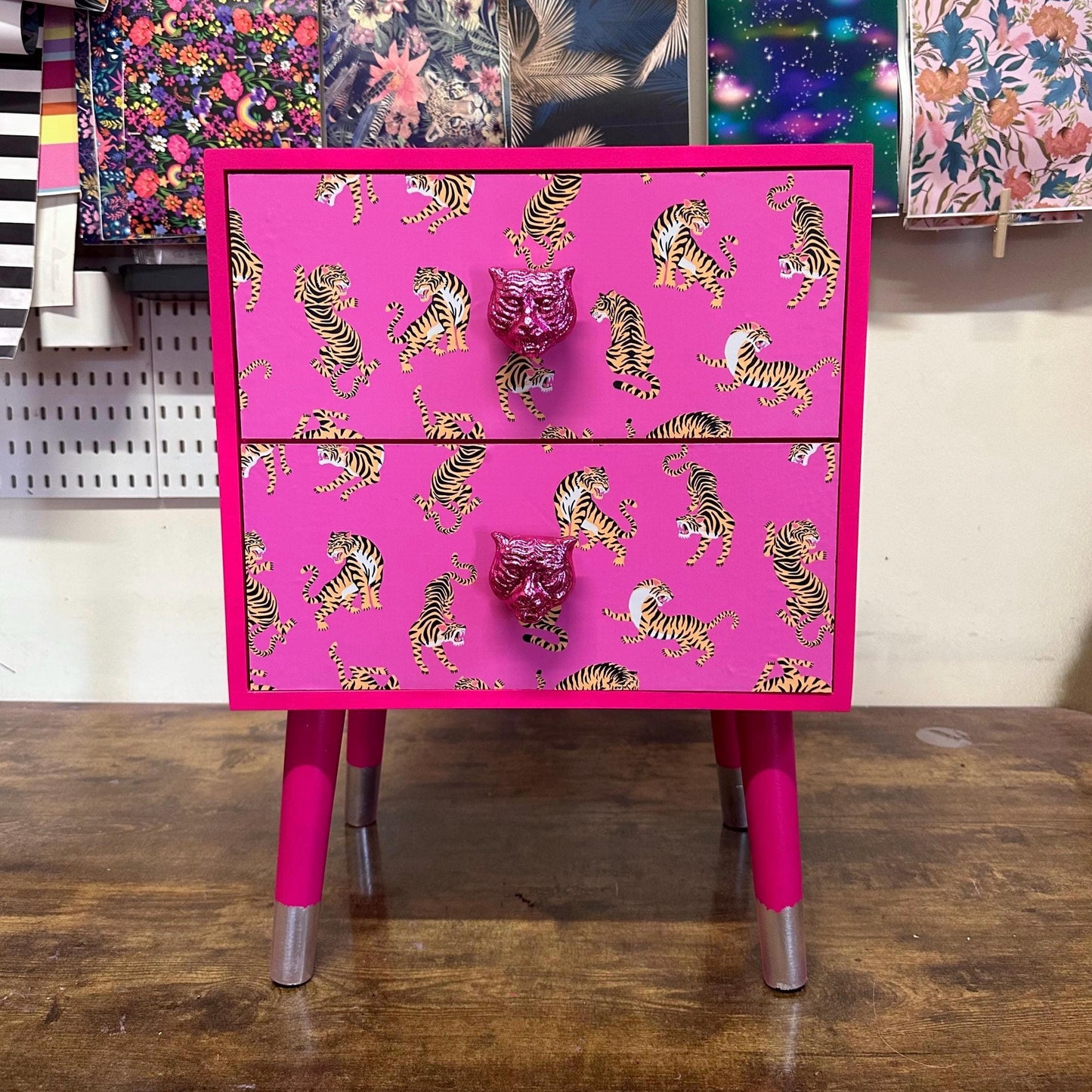 Hot Pink Tiger square bedside table, two drawers, ideal nightstand. Hot Magenta pink with silver. Customisable