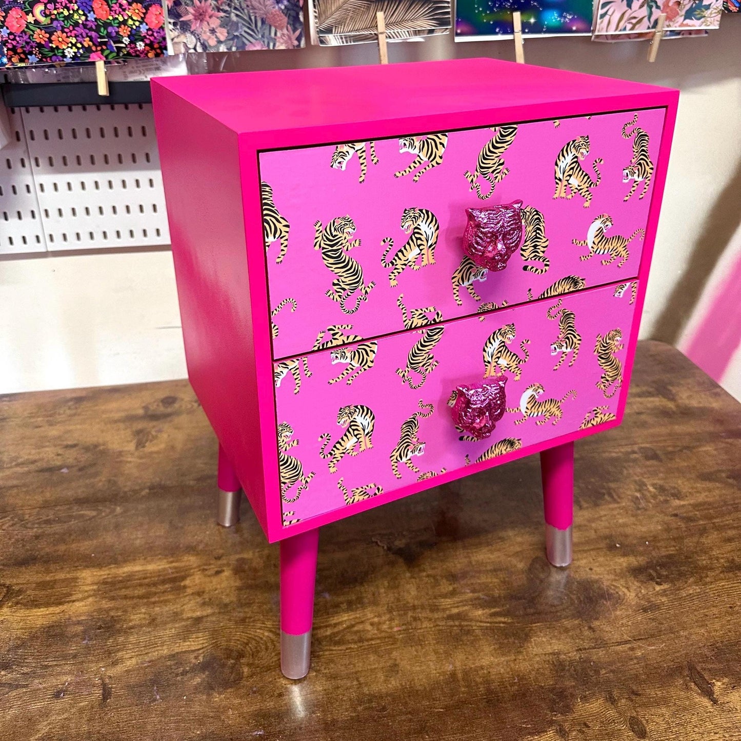 Hot Pink Tiger square bedside table, two drawers, ideal nightstand. Hot Magenta pink with silver. Customisable