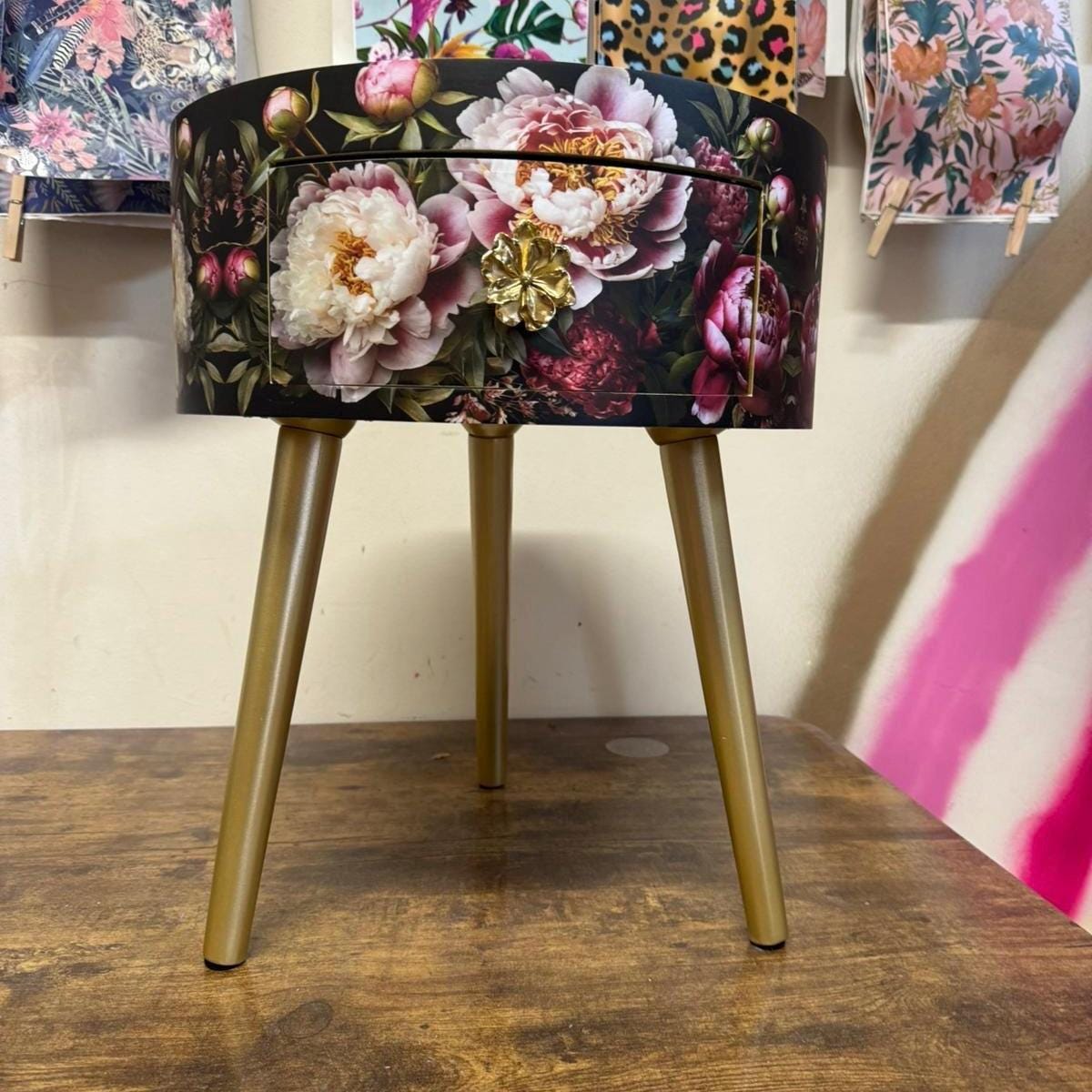 Round bedside table , black and gold nightstand with baroque floral design,  Moody Home Decor. Side table storage drawer.