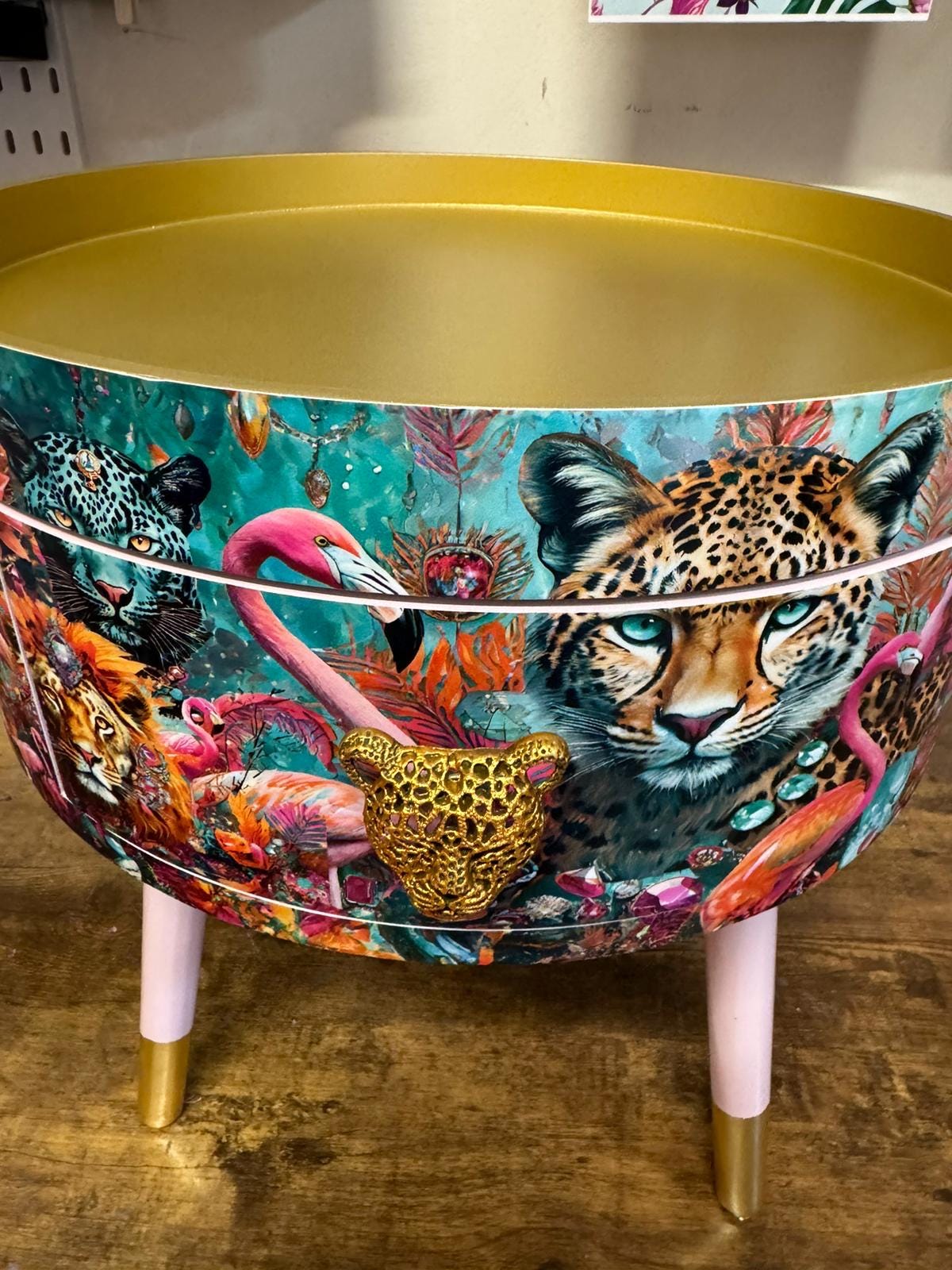 Jewel Leopard - Light Pink and Gold flamingo and leopard beside table, teal cheetah jewel design nightstand with gold , colourful home decor round end table