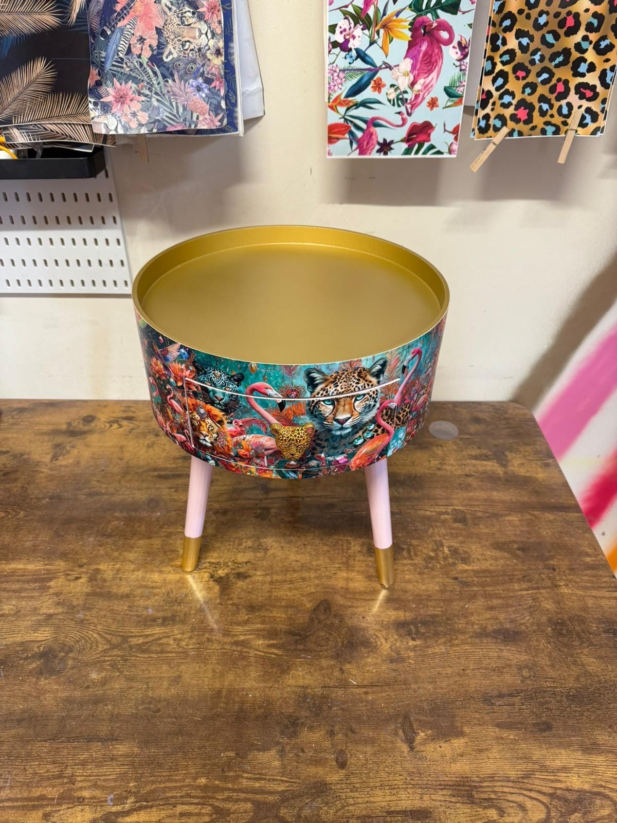 Jewel Leopard - Light Pink and Gold flamingo and leopard beside table, teal cheetah jewel design nightstand with gold , colourful home decor round end table