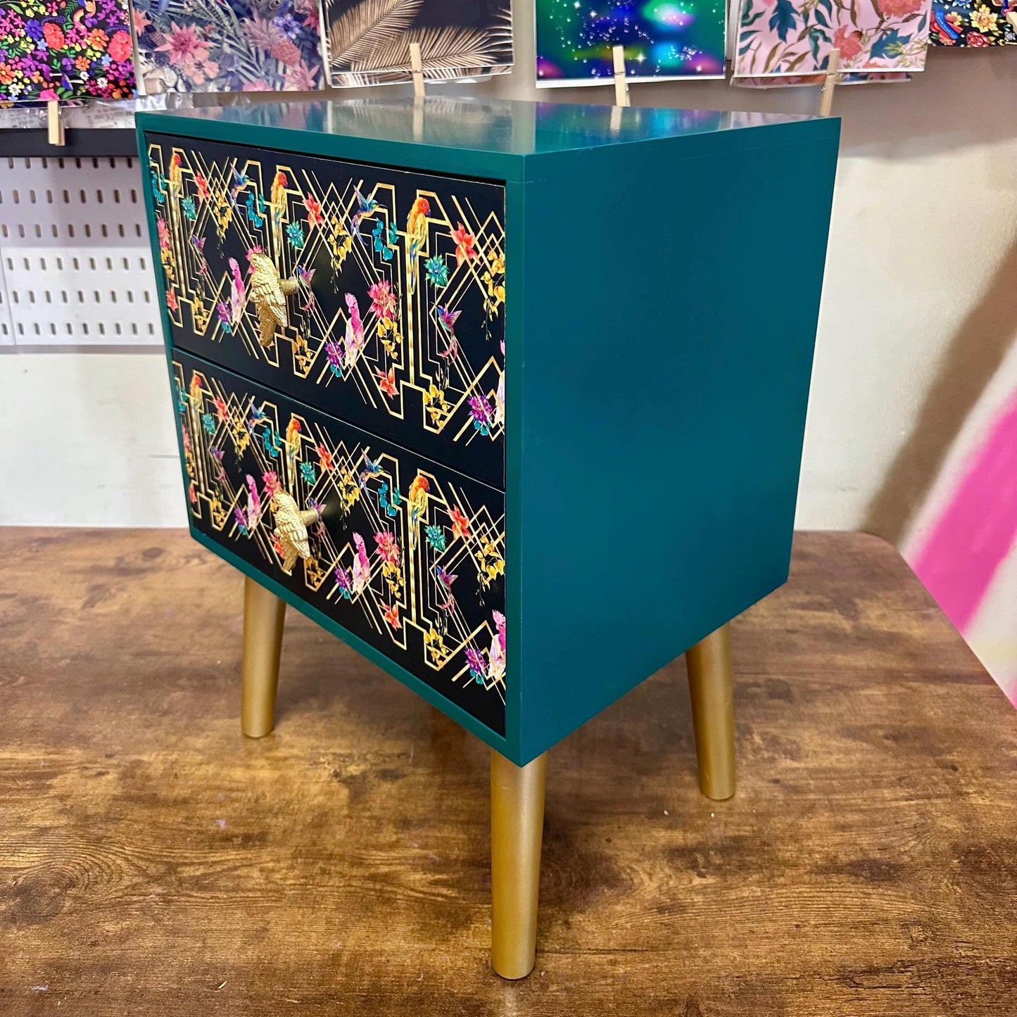 Emerald green, gold tropical art deco square nightstand. Parrot, floral colourful two drawer bedside table. Customisable end table