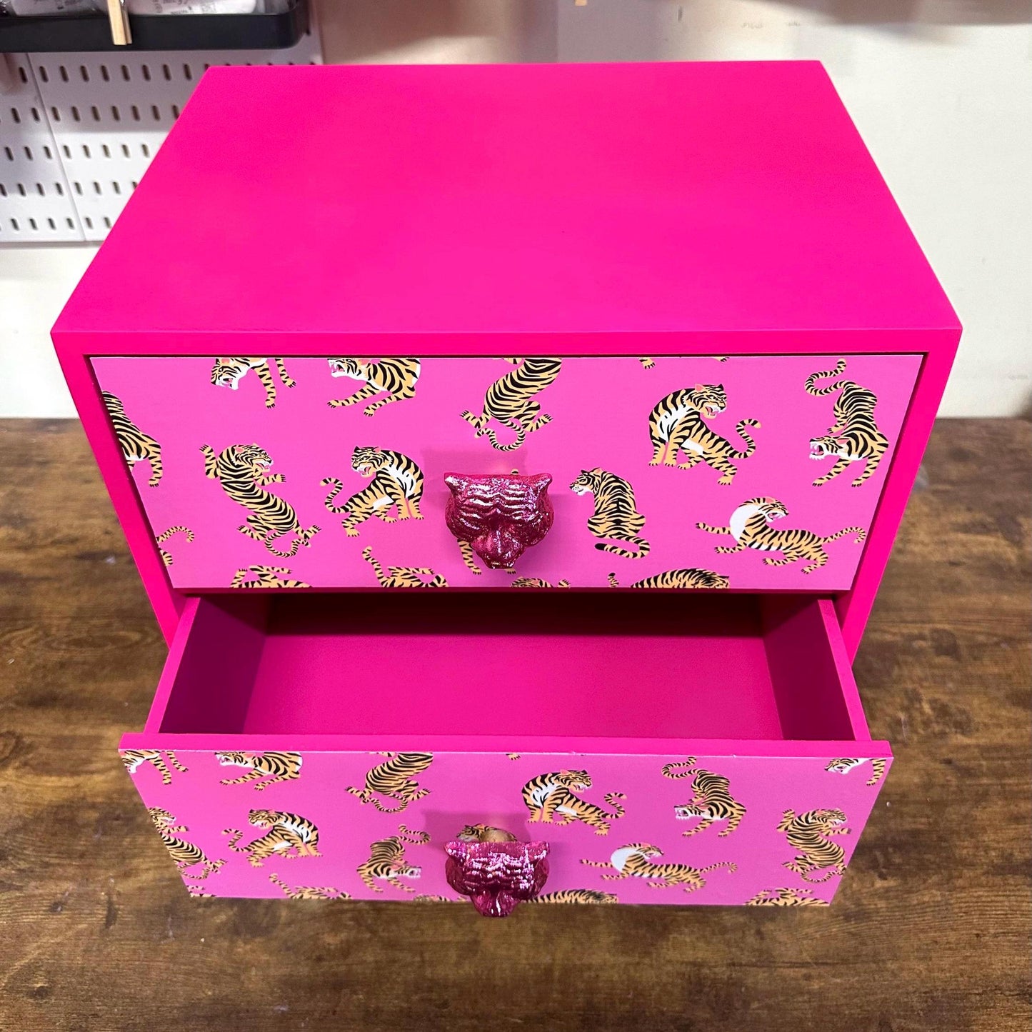 Hot Pink Tiger square bedside table, two drawers, ideal nightstand. Hot Magenta pink with silver. Customisable