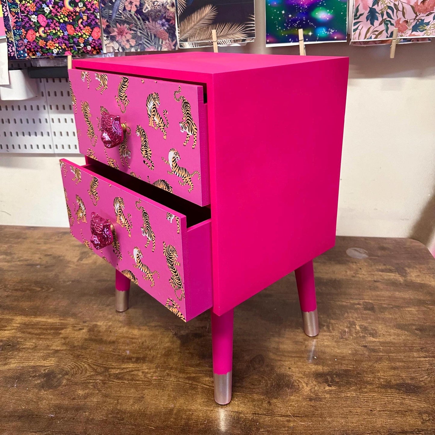 Hot Pink Tiger square bedside table, two drawers, ideal nightstand. Hot Magenta pink with silver. Customisable