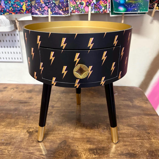 Round bedside table , black and gold  nightstand with  lightening bolt design, , Fun Bright Home Decor. Side table storage drawer. Bowie
