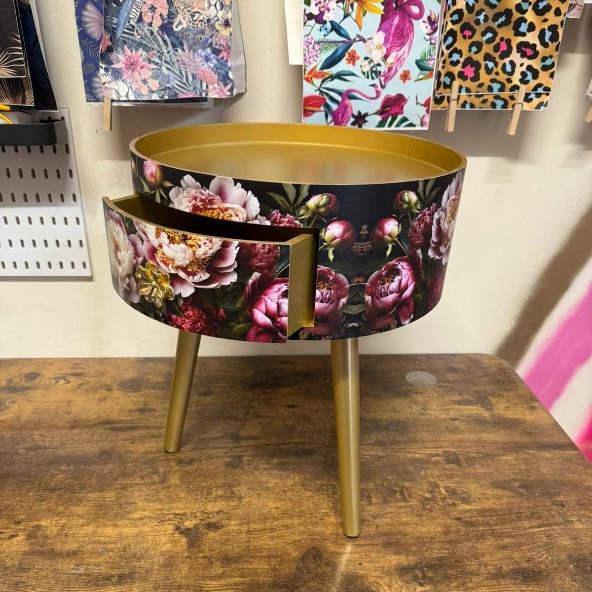 Round bedside table , black and gold nightstand with baroque floral design,  Moody Home Decor. Side table storage drawer.