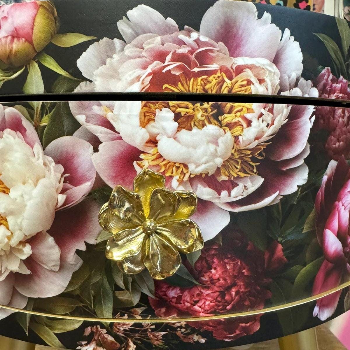 Round bedside table , black and gold nightstand with baroque floral design,  Moody Home Decor. Side table storage drawer.