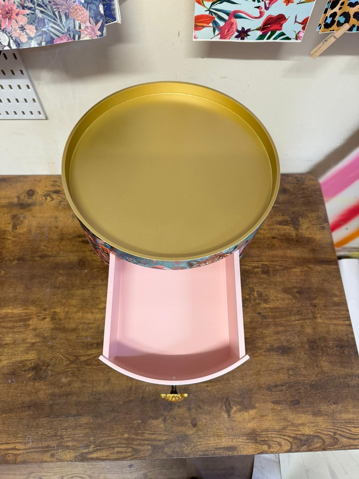 Jewel Leopard - Light Pink and Gold flamingo and leopard beside table, teal cheetah jewel design nightstand with gold , colourful home decor round end table