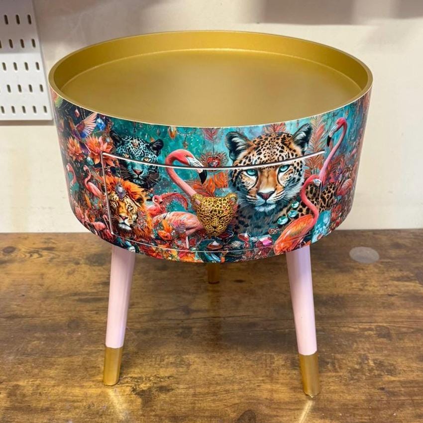 Jewel Leopard - Light Pink and Gold flamingo and leopard beside table, teal cheetah jewel design nightstand with gold , colourful home decor round end table
