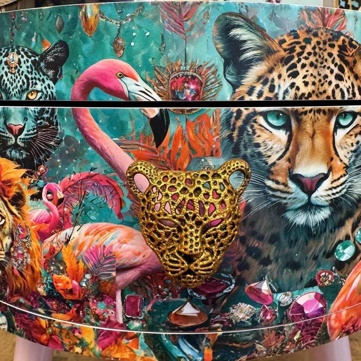 Jewel Leopard - Light Pink and Gold flamingo and leopard beside table, teal cheetah jewel design nightstand with gold , colourful home decor round end table