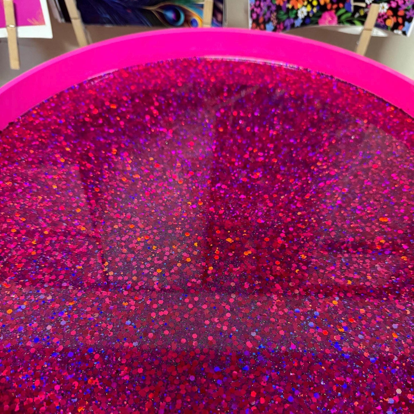 Art deco - Hot Pink gold bees round bedside table. Fun Bright Home Decor . Ideal for Nightstand side table. Fuscia glitter top, gold legs