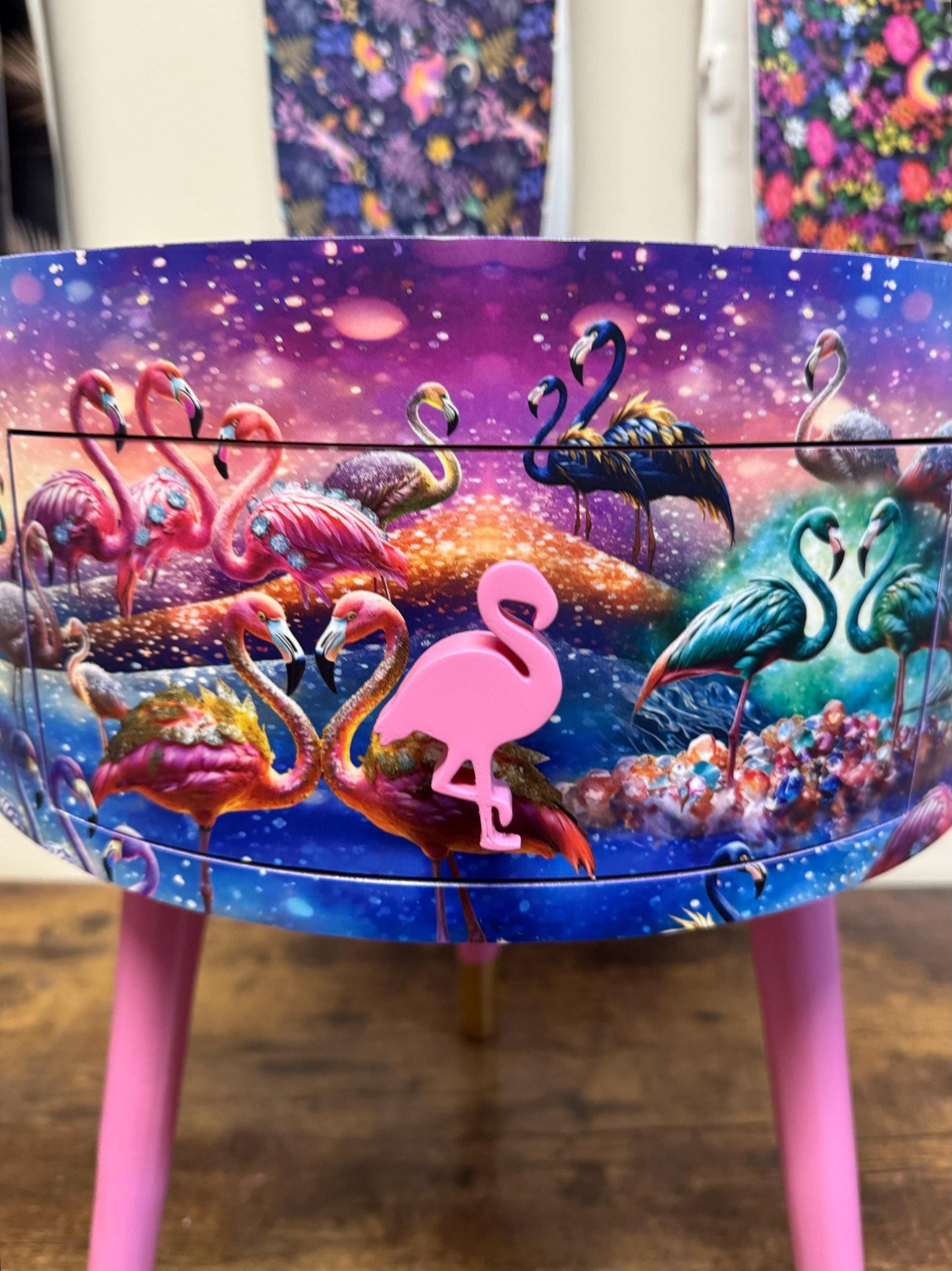 Flamingo - Pink and purple side table, tropical dreamy design nightstand. Ideal bedside table or end table. Purple with gold tips