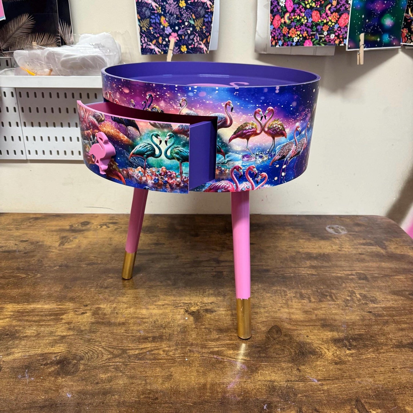 Flamingo - Pink and purple side table, tropical dreamy design nightstand. Ideal bedside table or end table. Purple with gold tips