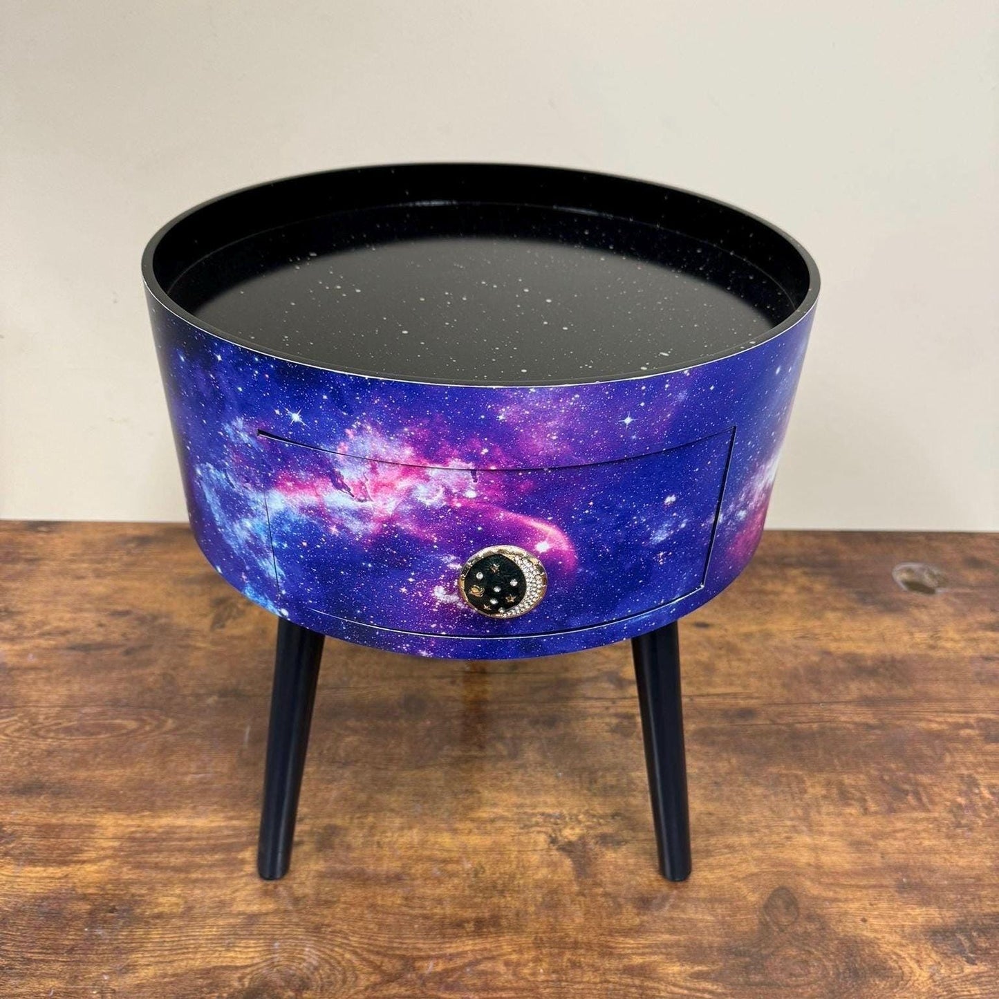 Galaxy beside table, Blue, black and purple space design, Galaxy top,spaceman, moon and stars,  colourful home decor round end table