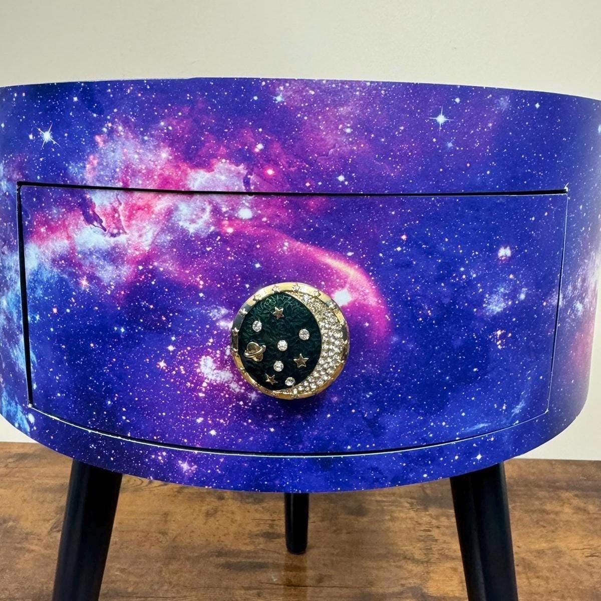 Galaxy beside table, Blue, black and purple space design, Galaxy top,spaceman, moon and stars,  colourful home decor round end table