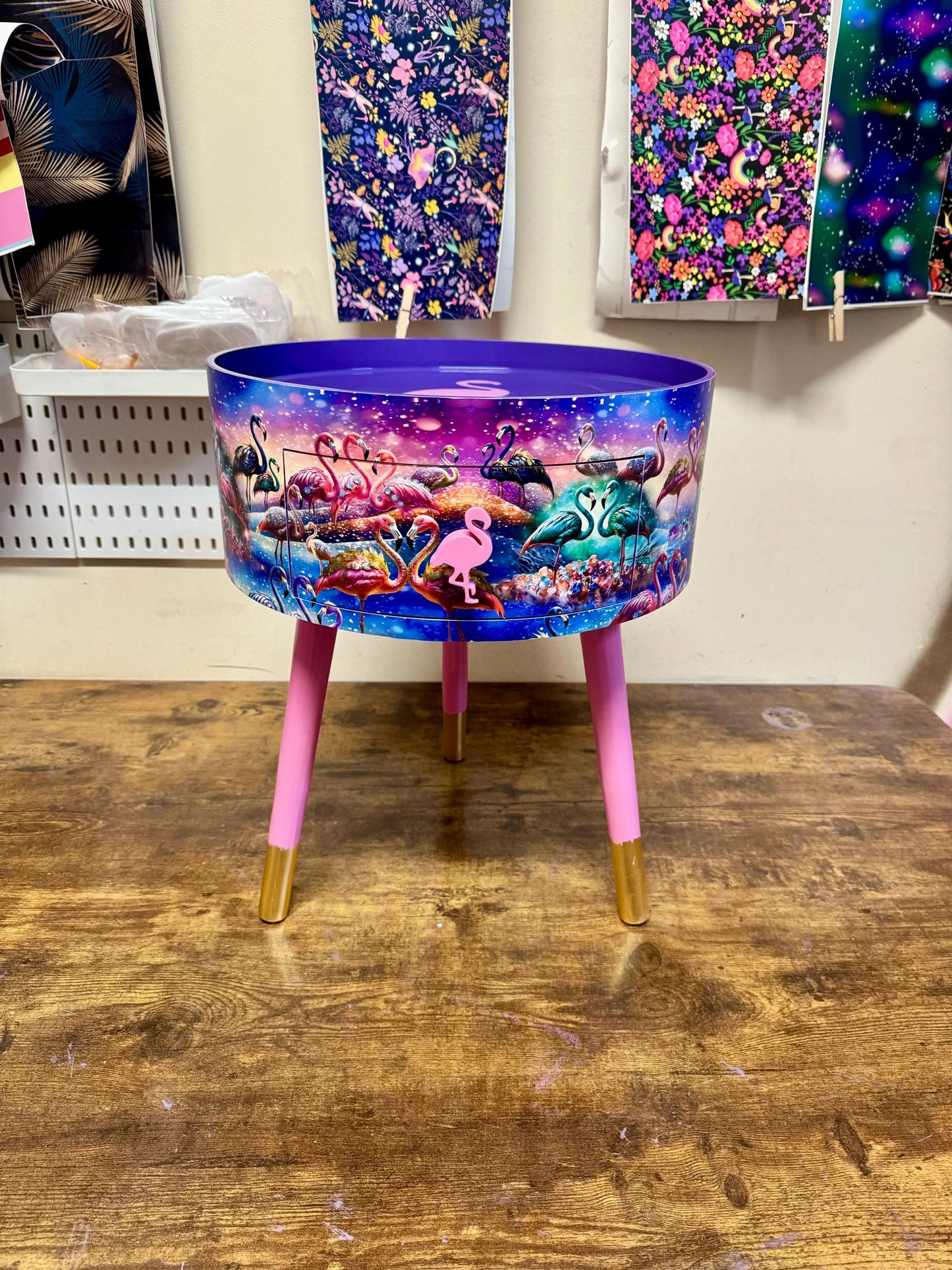 Flamingo - Pink and purple side table, tropical dreamy design nightstand. Ideal bedside table or end table. Purple with gold tips