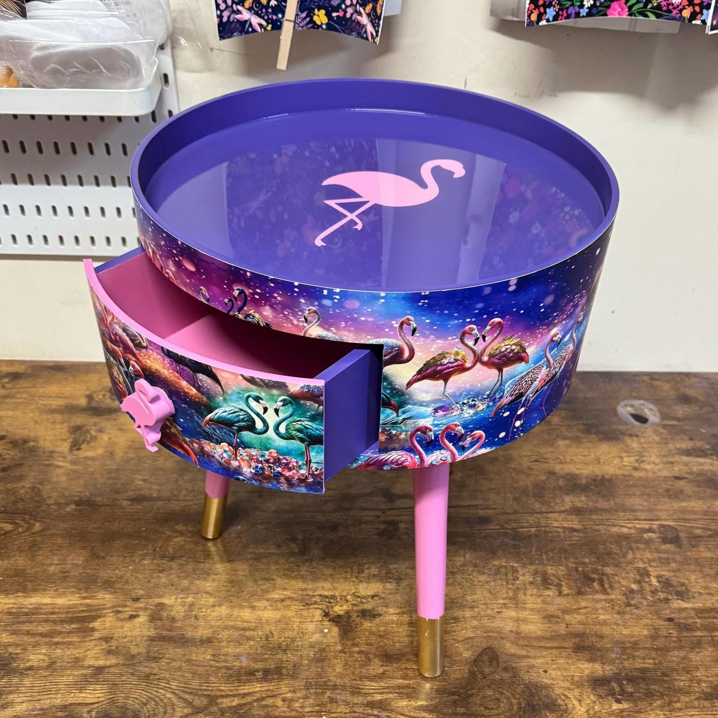 Flamingo - Pink and purple side table, tropical dreamy design nightstand. Ideal bedside table or end table. Purple with gold tips