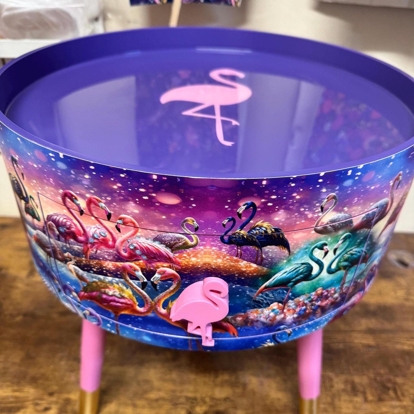 Flamingo - Pink and purple side table, tropical dreamy design nightstand. Ideal bedside table or end table. Purple with gold tips