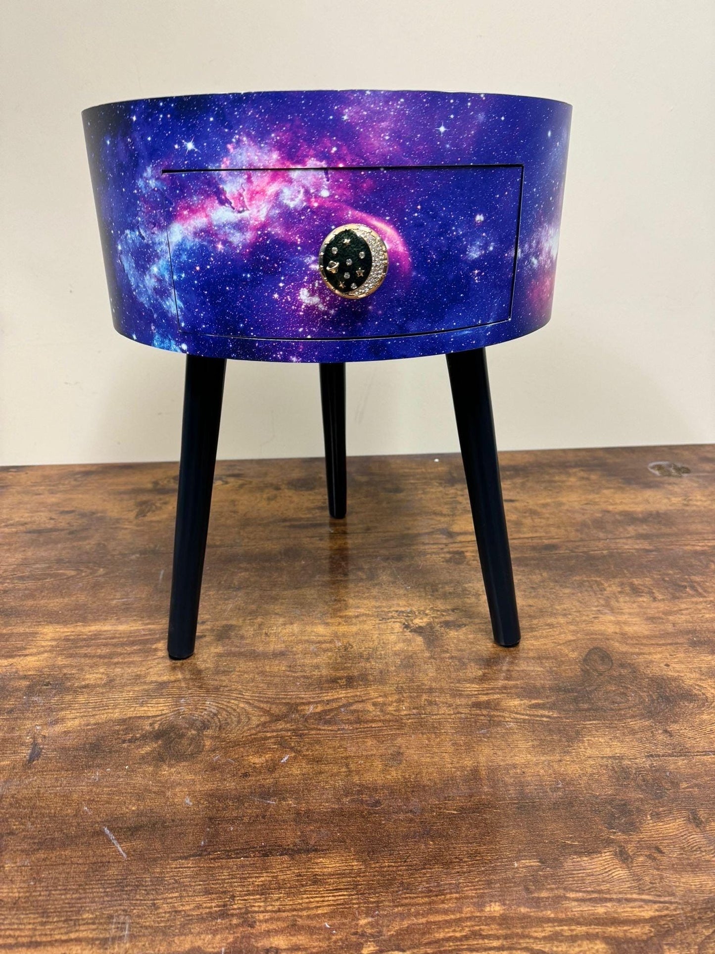 Galaxy beside table, Blue, black and purple space design, Galaxy top,spaceman, moon and stars,  colourful home decor round end table