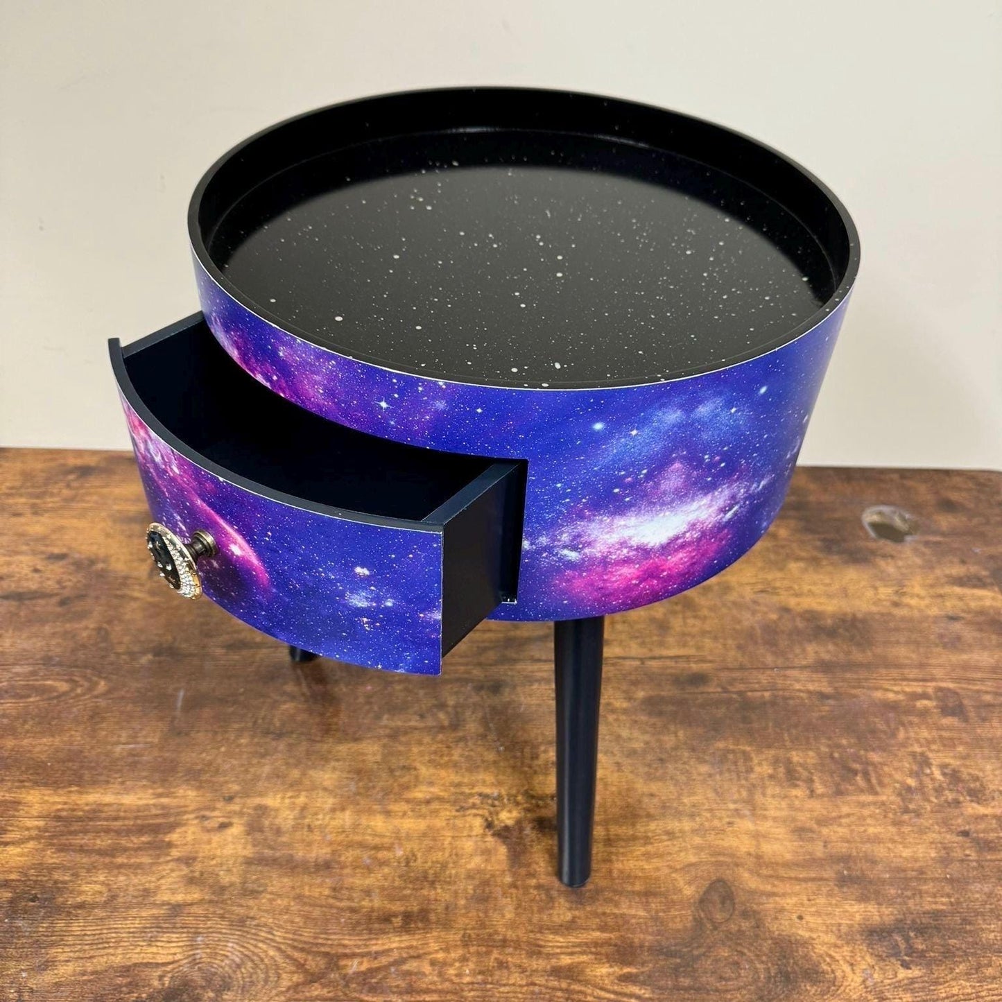 Galaxy beside table, Blue, black and purple space design, Galaxy top,spaceman, moon and stars,  colourful home decor round end table