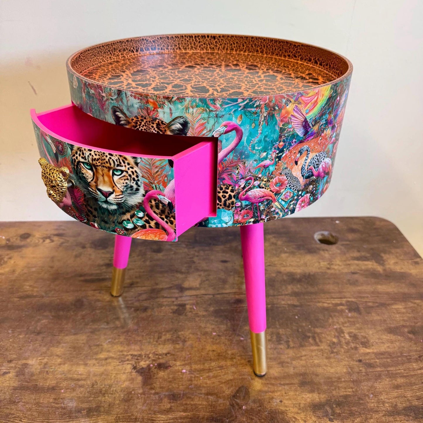 Jewel Leopard - Hot Pink flamingo and leopard beside table, tiger top, teal cheetah jewel design nightstand with gold , colourful home decor round end table