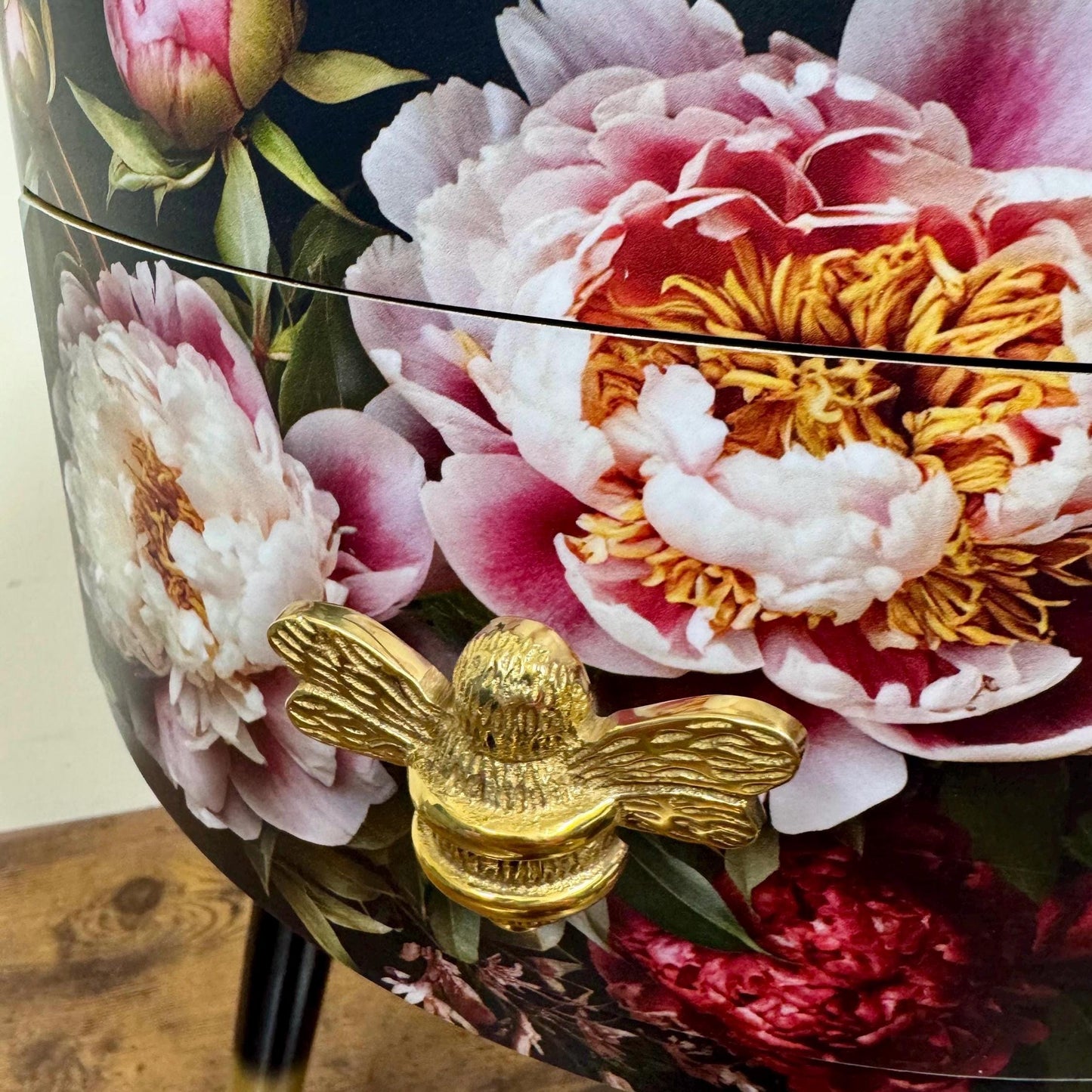 Baroque flowers - Round bedside table , black , green and gold nightstand with baroque floral design,  Moody Home Decor. Side table storage drawer.