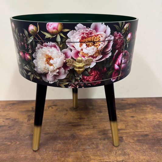 Baroque flowers - Round bedside table , black , green and gold nightstand with baroque floral design,  Moody Home Decor. Side table storage drawer.