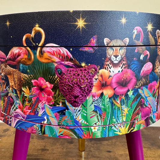 Rio Cheetah - Cherry blossom Pink flamingo and leopard dreamy table, celestial blue and gold design nightstand  , colourful home decor round end table