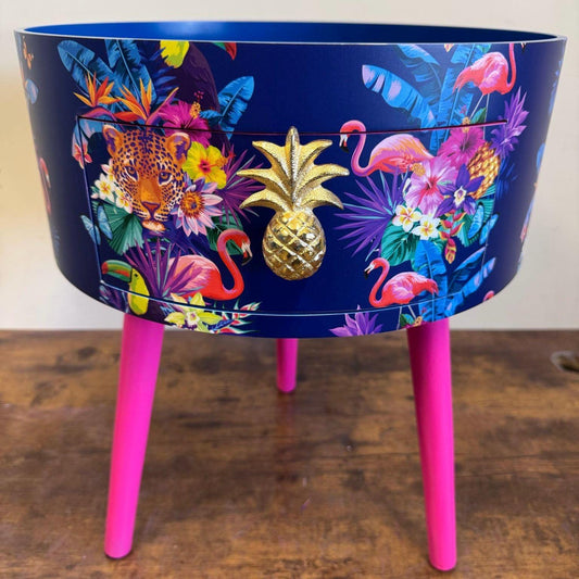 Colourful Jungle Panel - Navy and hot pink bedside table, pink navy blue leopard and flamingo design. Wooden cheetah side table with drawer. Quirky Nightstand bedroom