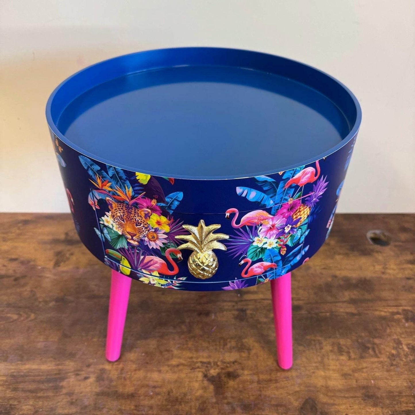 Colourful Jungle Panel - Navy and hot pink bedside table, pink navy blue leopard and flamingo design. Wooden cheetah side table with drawer. Quirky Nightstand bedroom