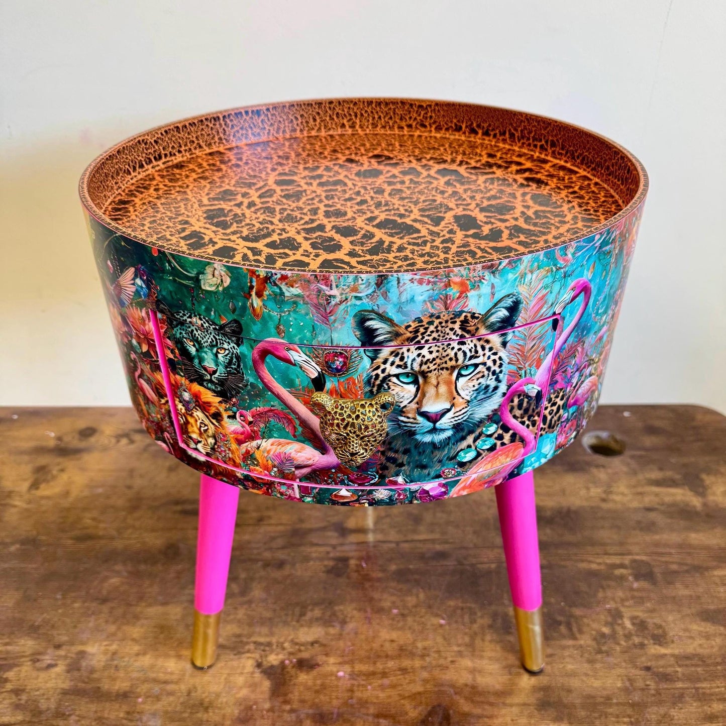 Jewel Leopard - Hot Pink flamingo and leopard beside table, tiger top, teal cheetah jewel design nightstand with gold , colourful home decor round end table