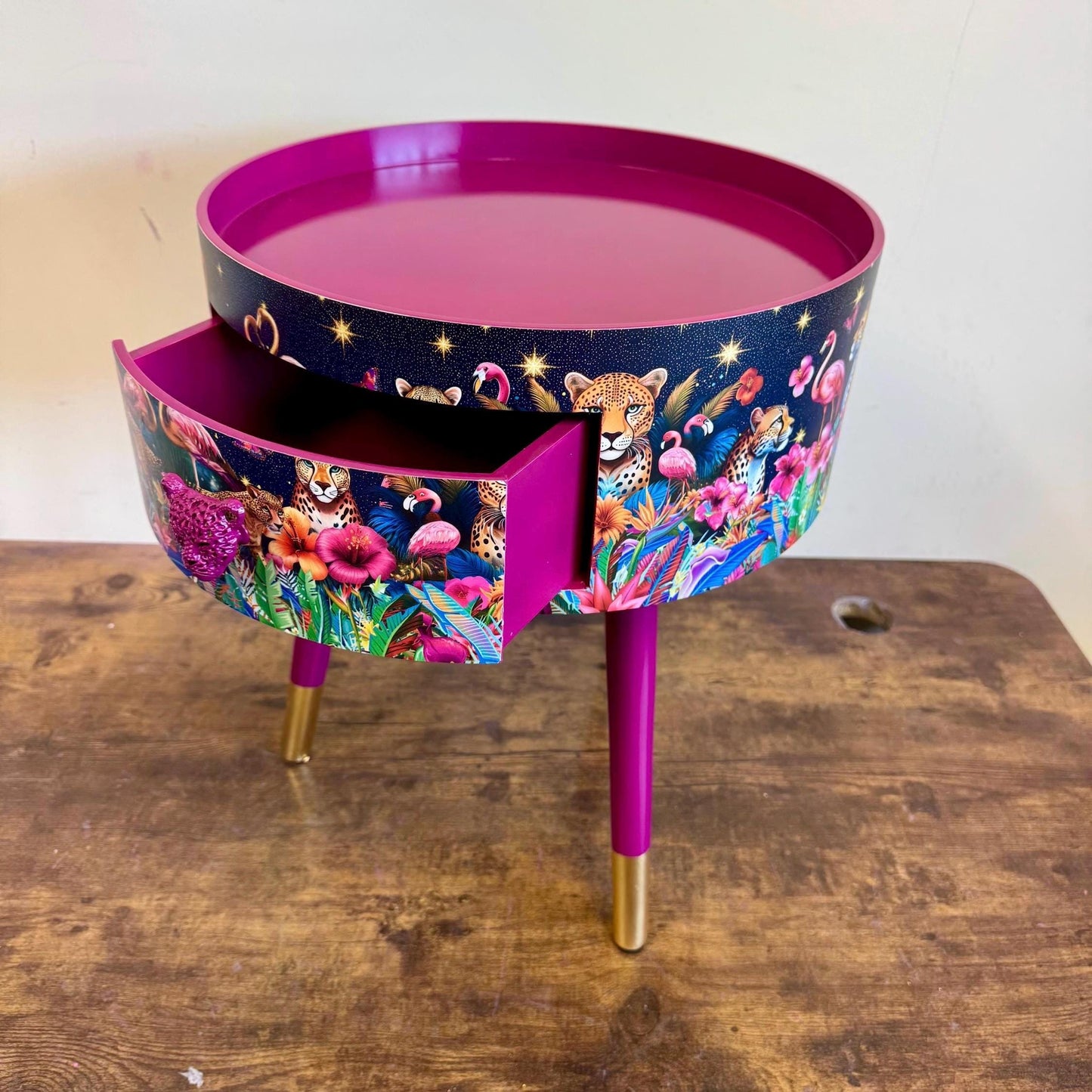Rio Cheetah - Cherry blossom Pink flamingo and leopard dreamy table, celestial blue and gold design nightstand  , colourful home decor round end table