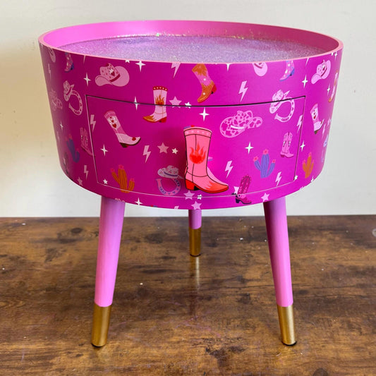 Hot Pink Pony Club Western round bedside table. Fun Bright Home Cowboy Decor . Ideal for Nightstand side table.  glitter top, cowboy boot