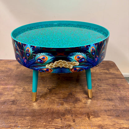 Round coffee table peacock design turquoise glitter