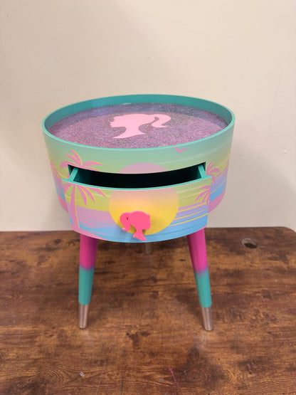 Malibu - Pink with Glitter and Barbie on top.  mint and pink ombre, sunset, flamingo, Palm Springs nightstand , doll detail, taller legs