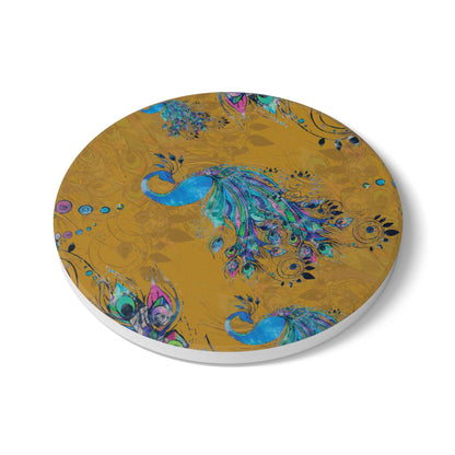 Painted Peacock Mustard Ceramic Coaster