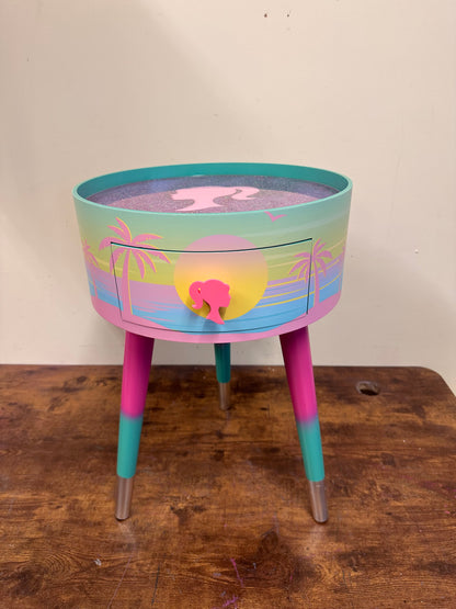 Malibu - Pink with Glitter and Barbie on top.  mint and pink ombre, sunset, flamingo, Palm Springs nightstand , doll detail, taller legs