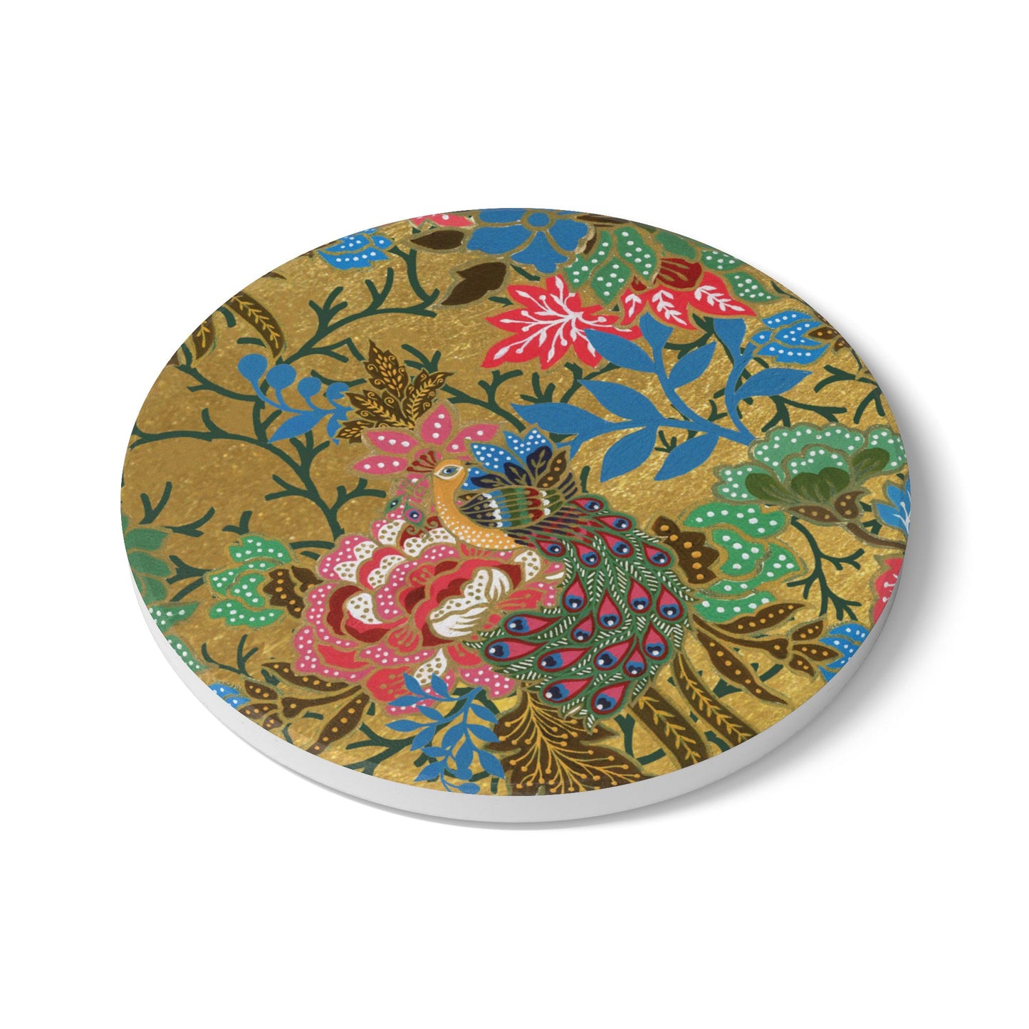 Ornate Peacock Gold Ceramic Coaster