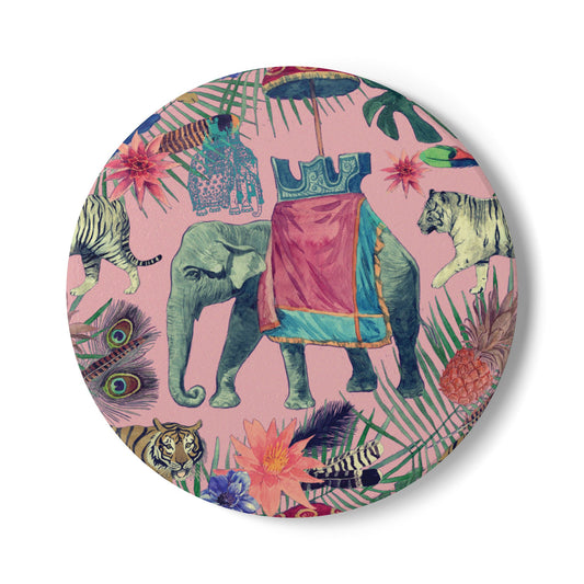 Elephant in Jungle Pink Ceramic Coaster