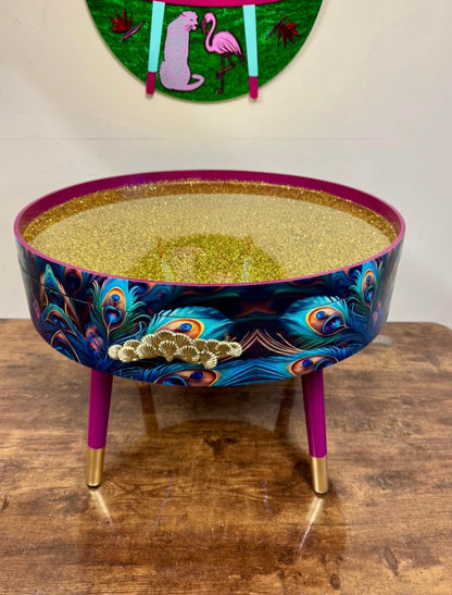 Round coffee table peacock design with cherry blossom and gold glitter