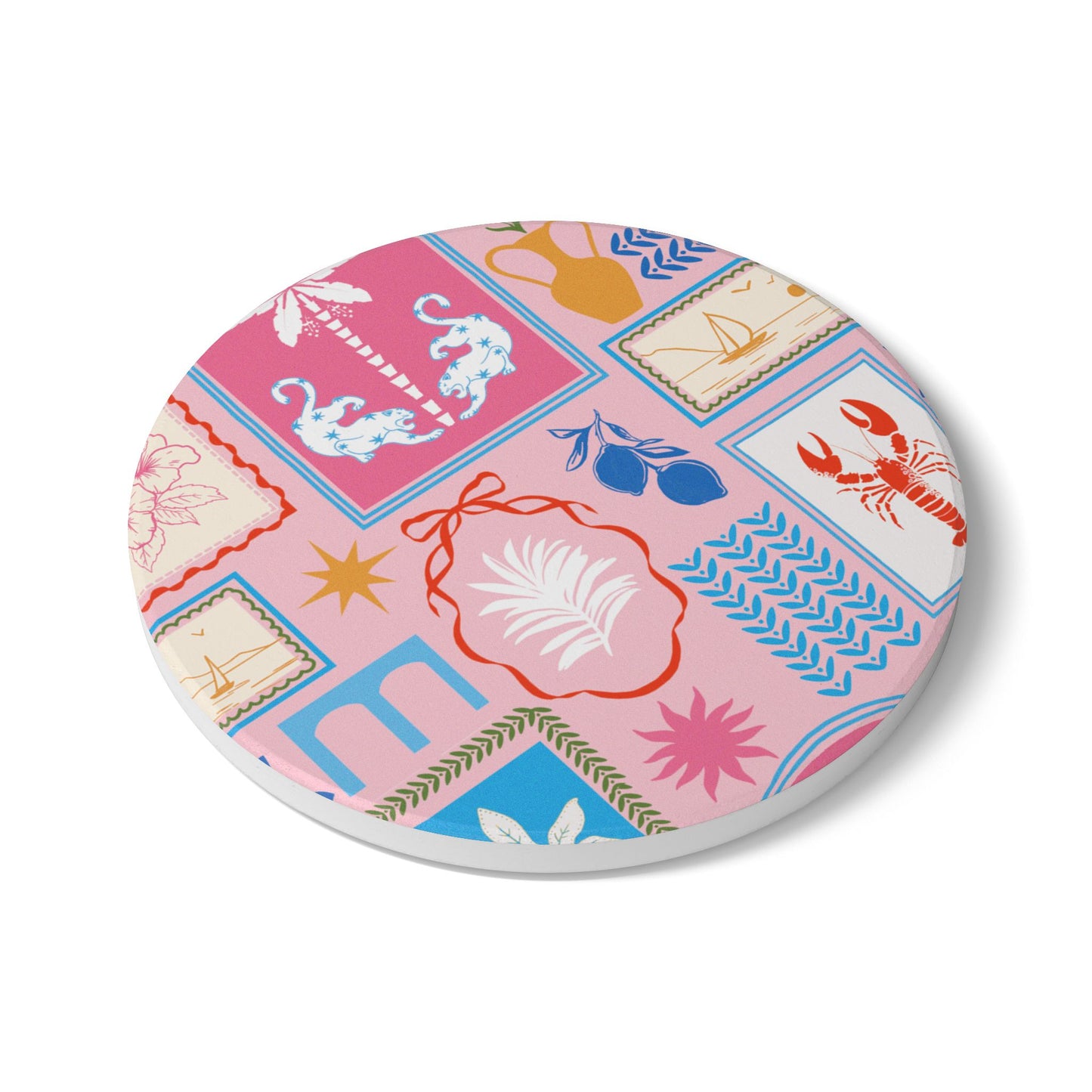 Mediterranean Travels Pink Ceramic Coaster