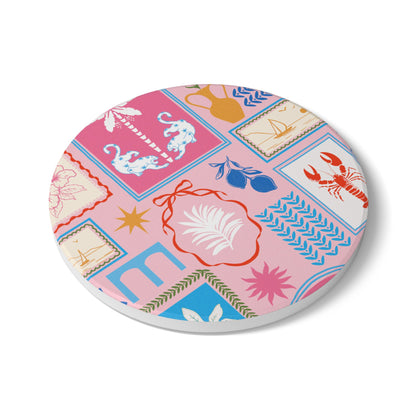 Mediterranean Travels Pink Ceramic Coaster