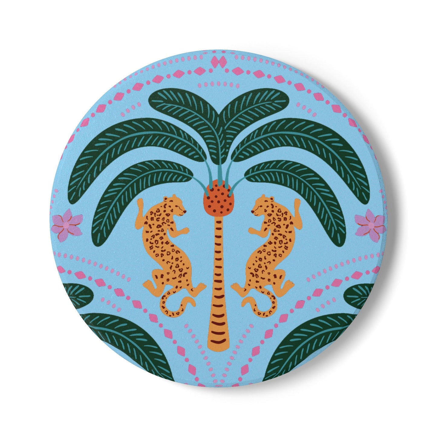 Cheetah with Palm Baby Blue Ceramic Coaster