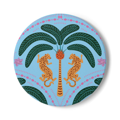Cheetah with Palm Baby Blue Ceramic Coaster