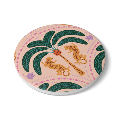 Cheetah with Palm Blush Ceramic Coaster