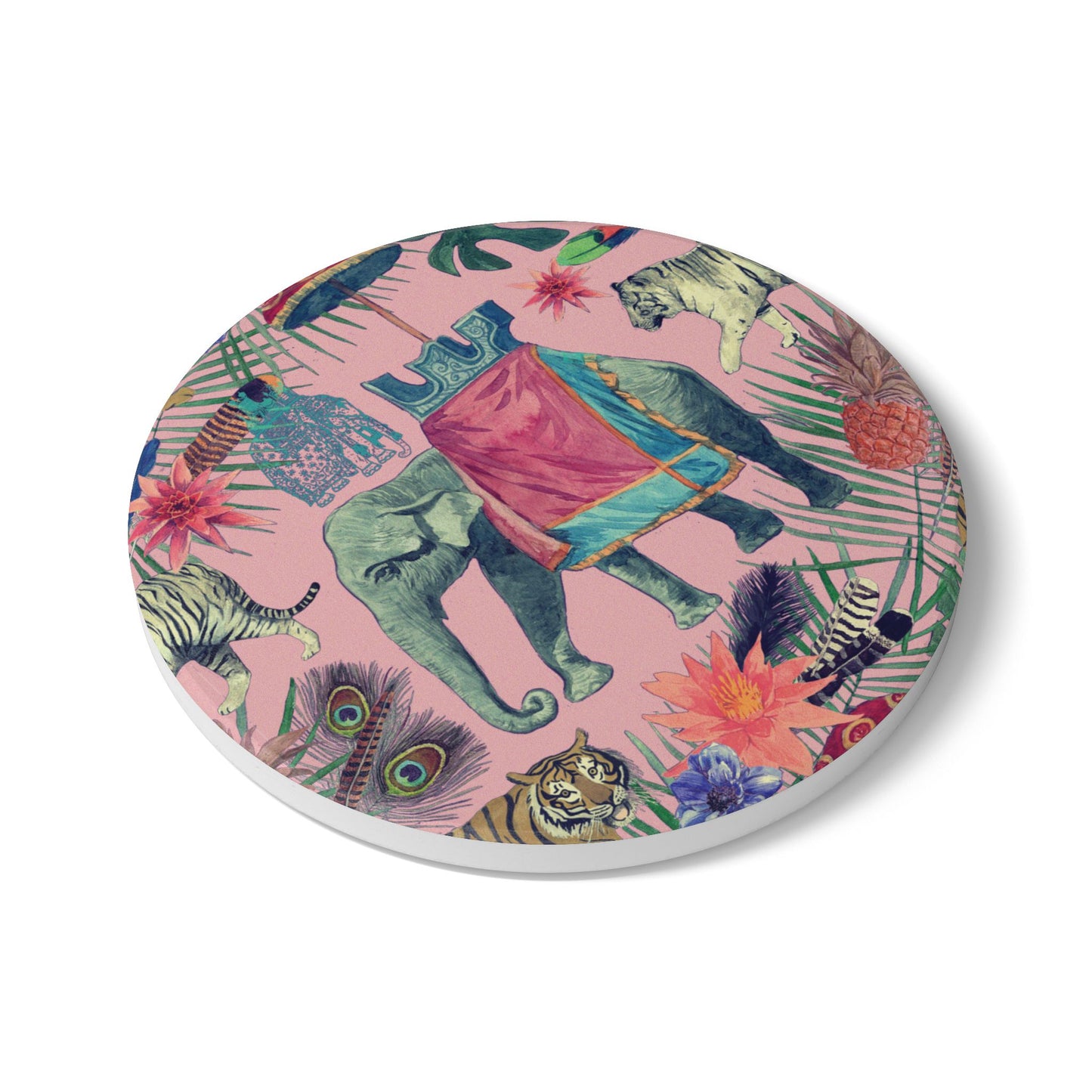 Elephant in Jungle Pink Ceramic Coaster